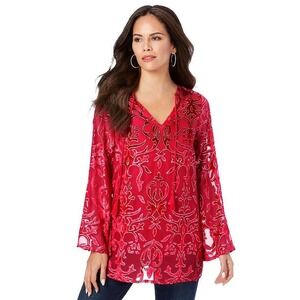 Roamans Embellished Velvet Burnout Tunic Top Size 32W Red Sheer Peasant Festival